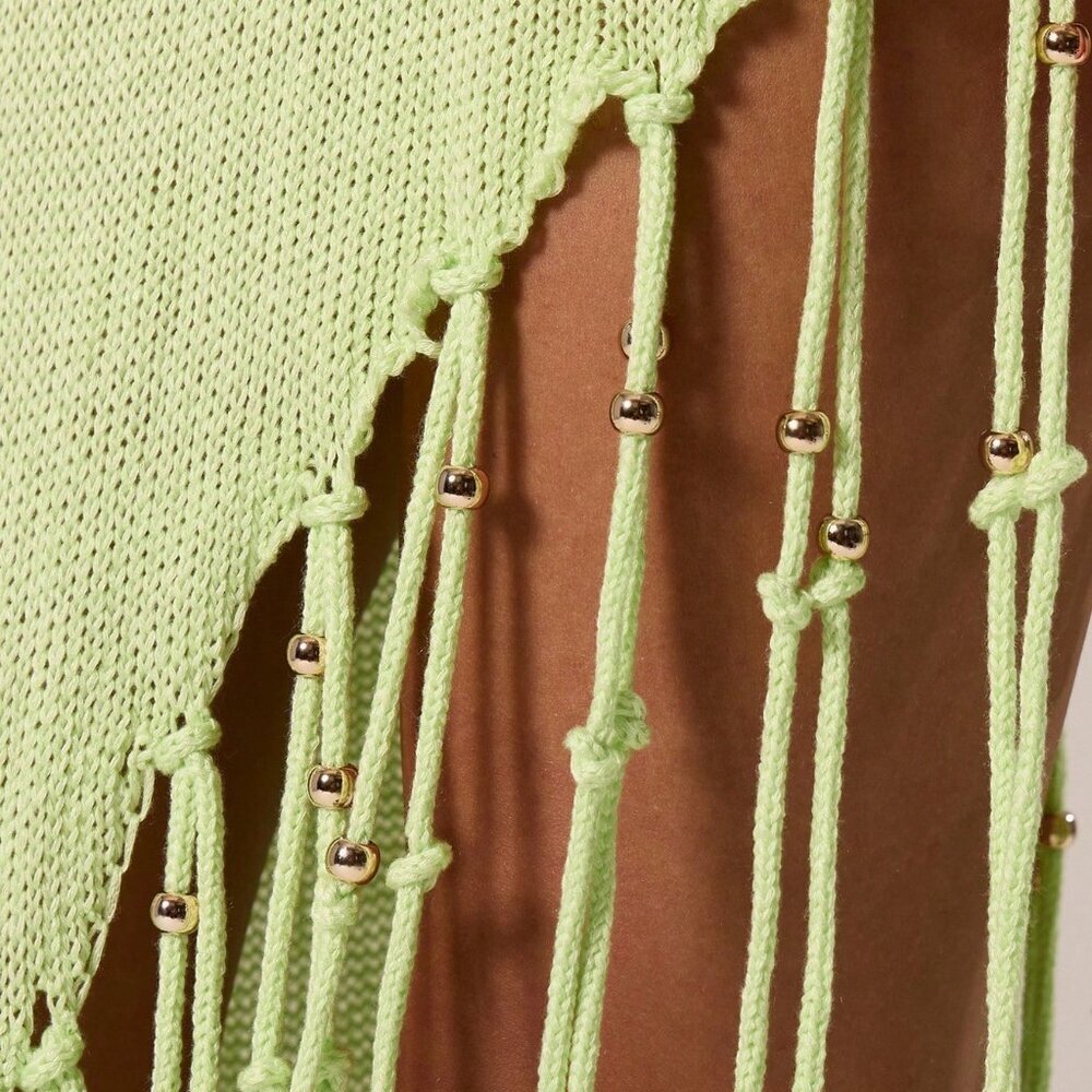 Lime Green Casual Women's Crochet Knit Beaded Fringing Maxi Cover Up Dress - Picture 5 of 6